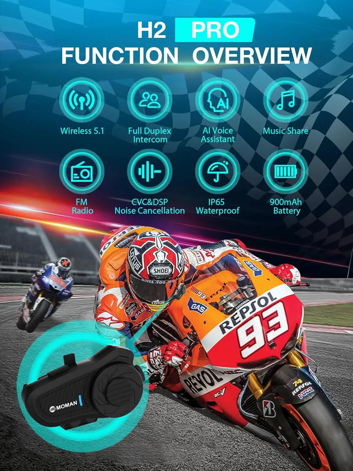 SYNCO H2PRO Motorcycle Helmet Headset Waterproof FM Radio Music Share