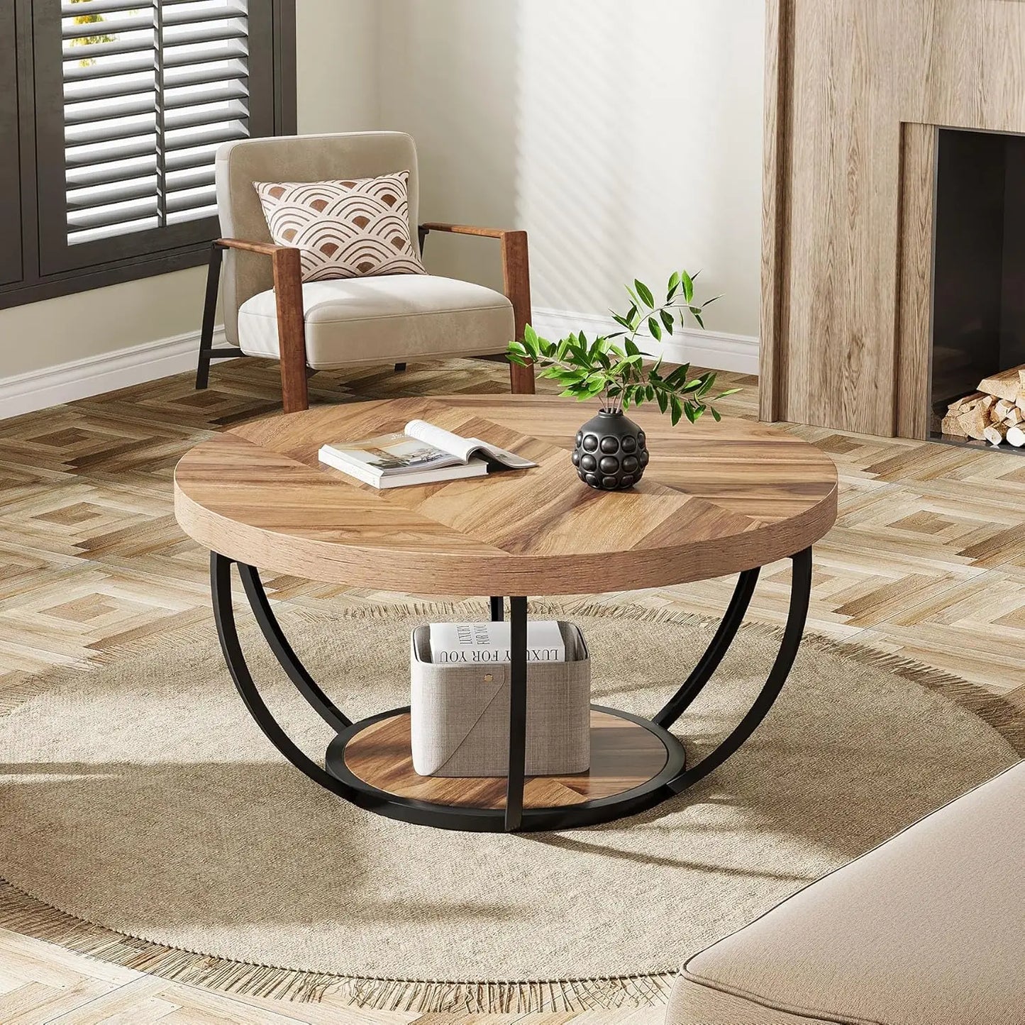 Little Tree Circle Marble Coffee Table With Metal Legs