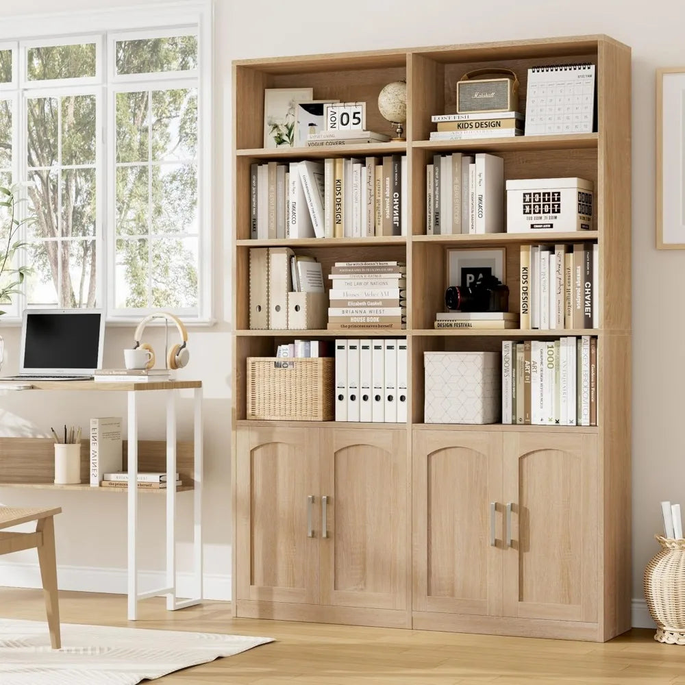 XIUWO Six Tier Double Wide Bookshelf With Doors And Storage Cabinets