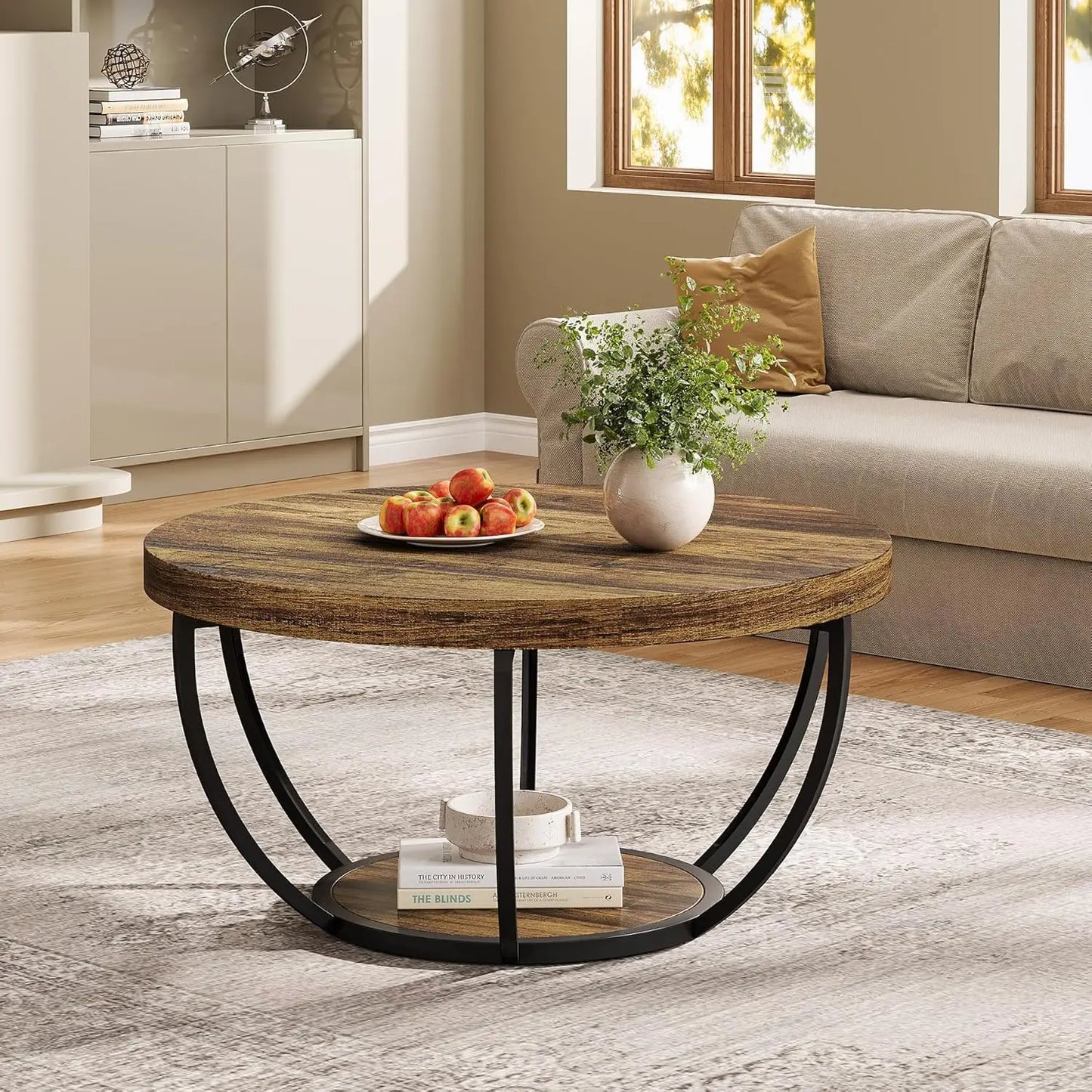 Little Tree Circle Marble Coffee Table With Metal Legs