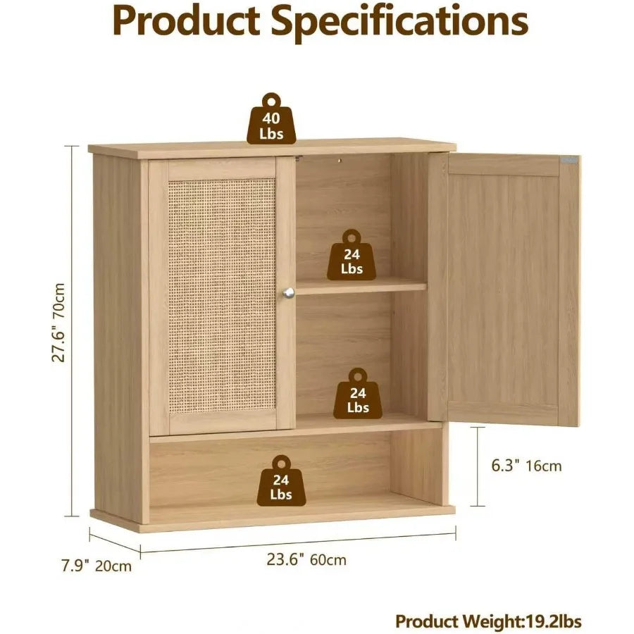 XIUWO Bathroom Wall Cabinet With Adjustable Shelves And Rattan Doors
