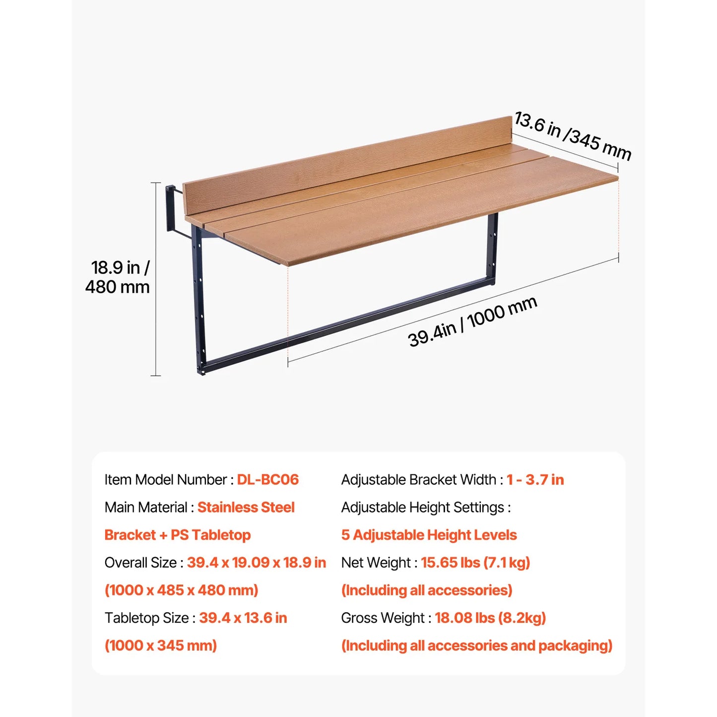 Balcony Railing Table Folding Stainless Steel Tabletop Outdoor Serving