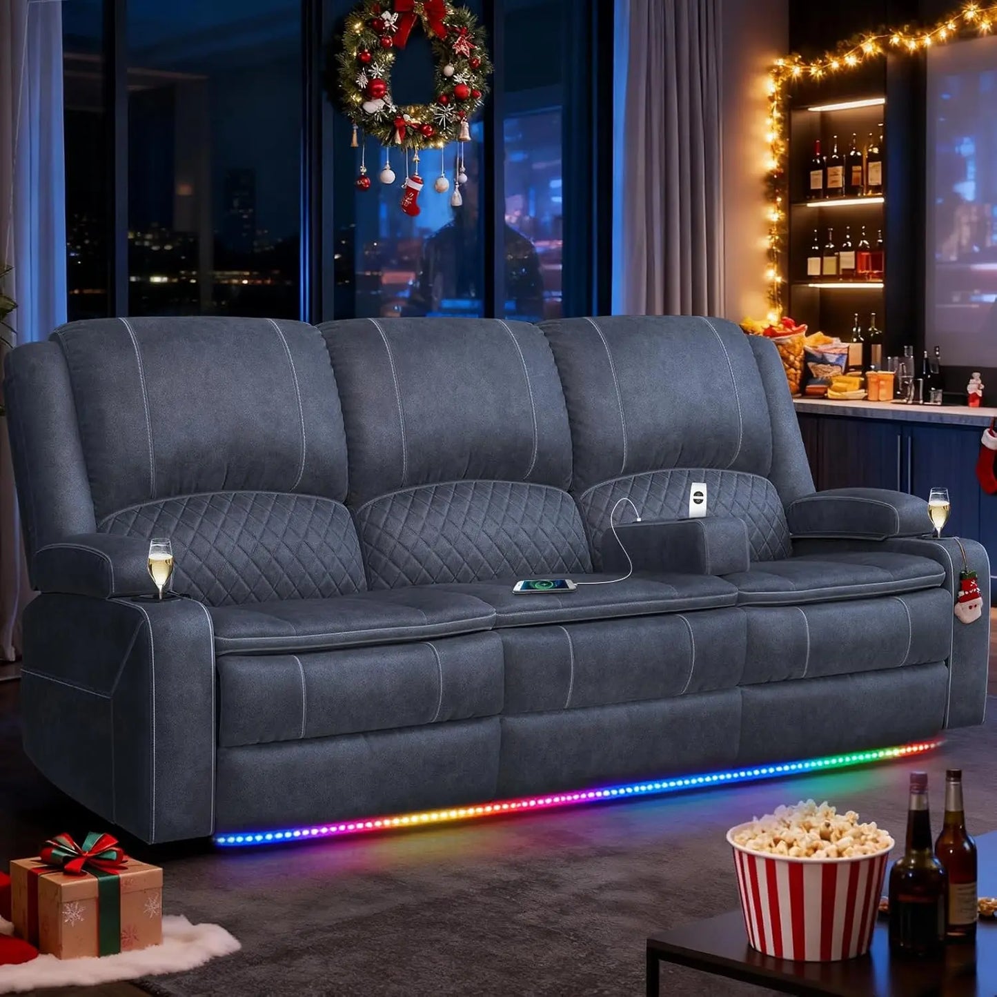 Three Seat PU Leather Recliner Sofa With Console And USB Ports
