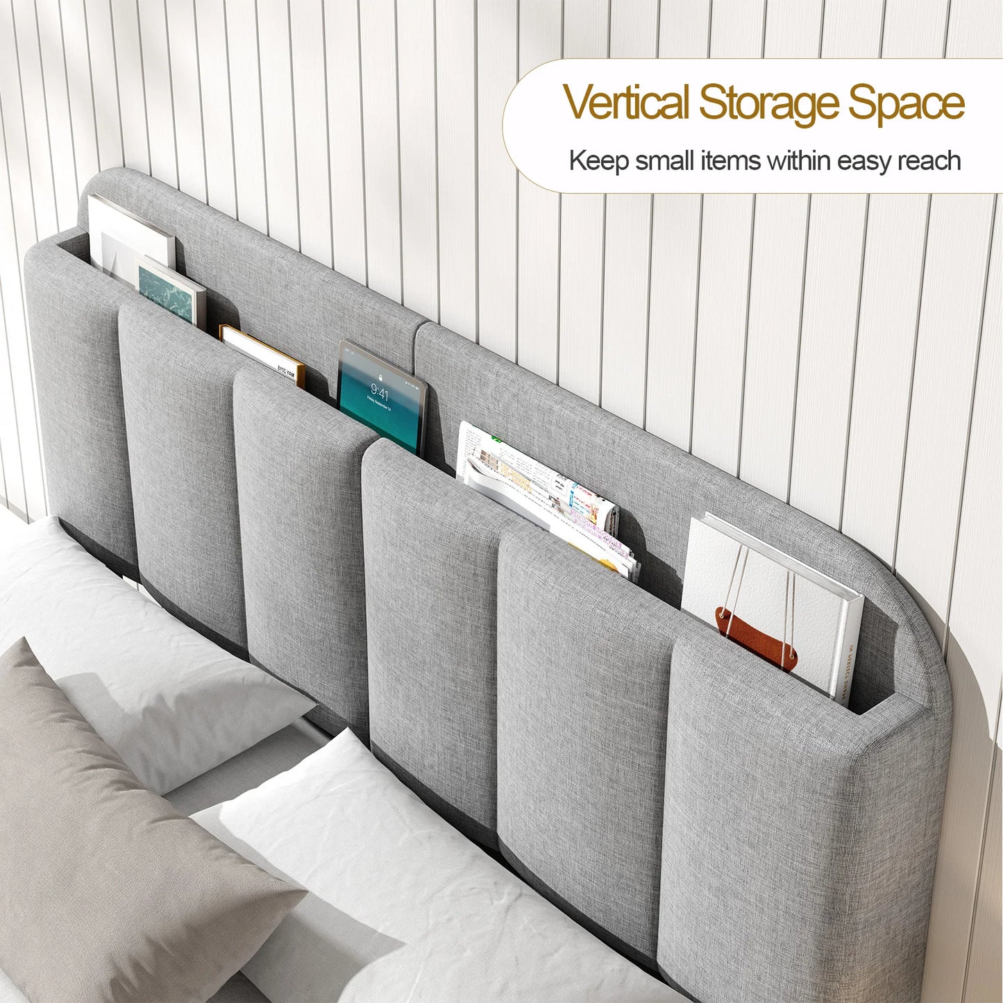 ONBRILL Adjustable Linen Headboard With Storage And RGB Lighting