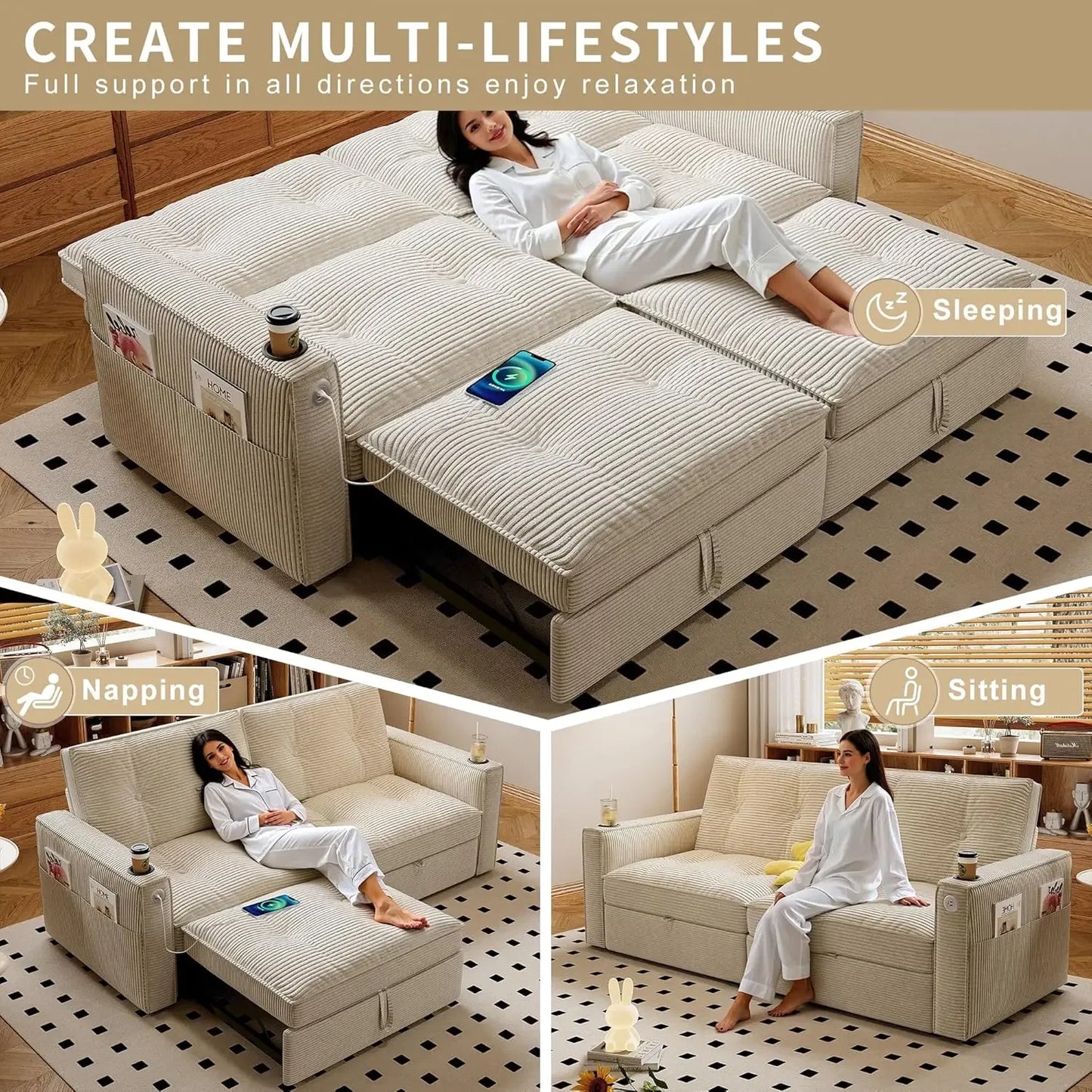 GUANGBAI Modern Sofa Bed Loveseat Sleeper With USB Pockets