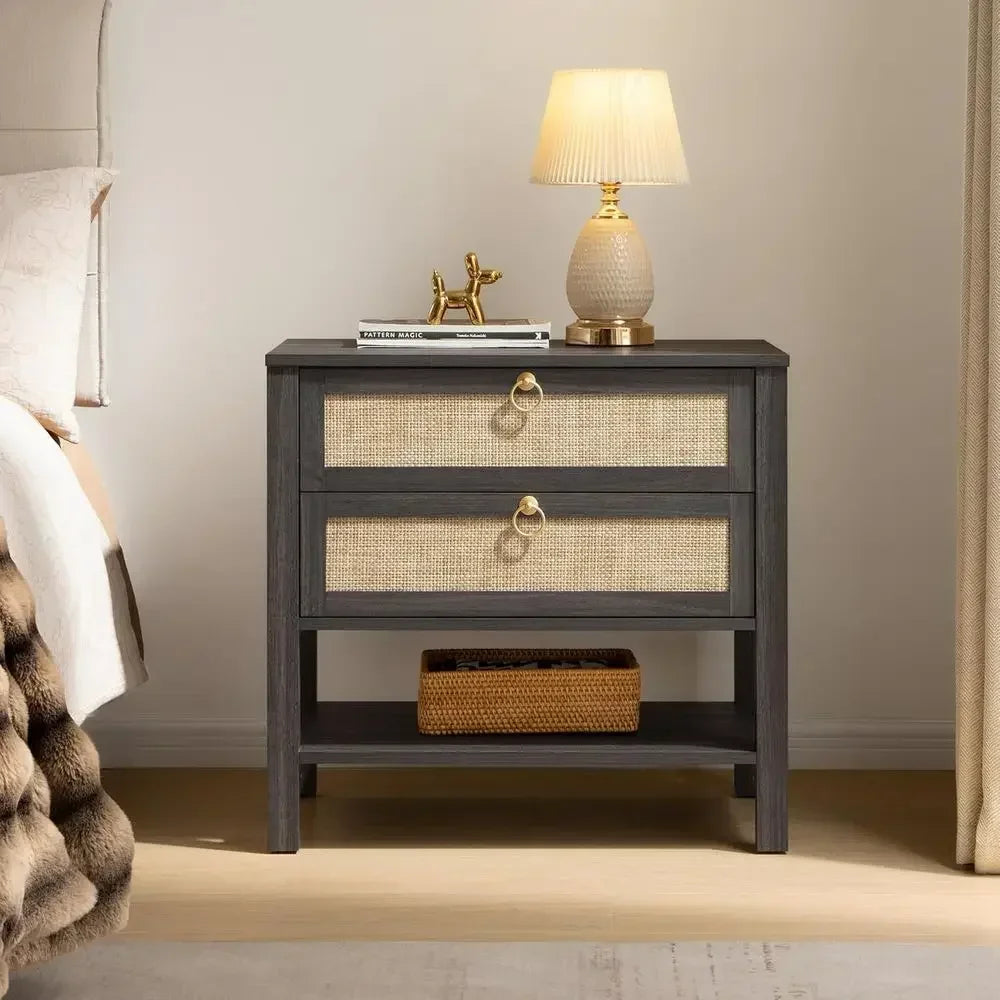 Pair Of Rattan Nightstands With Drawer And Open Shelf