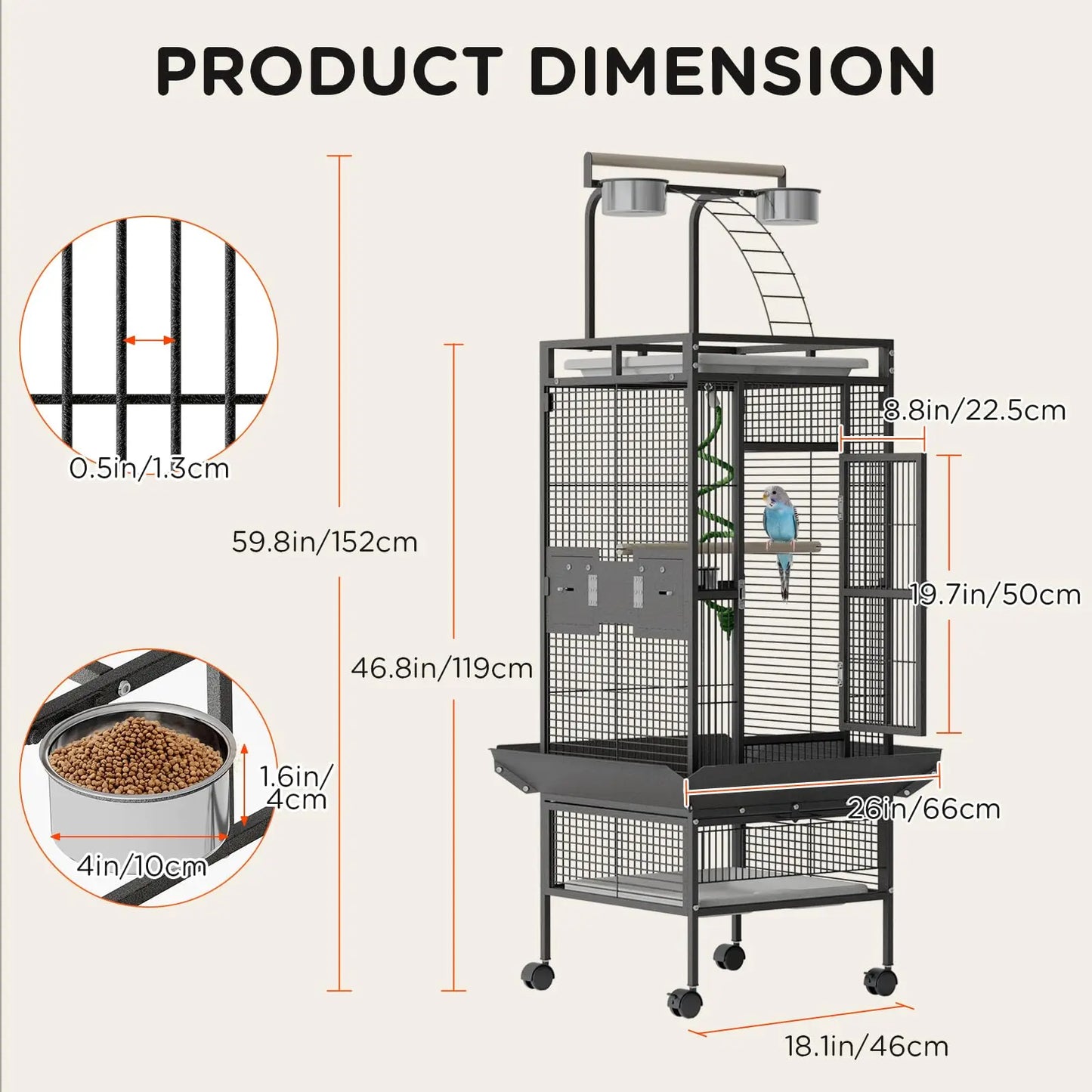 HiMISS Parrot Cage With Play Top Rolling Stand For Birds