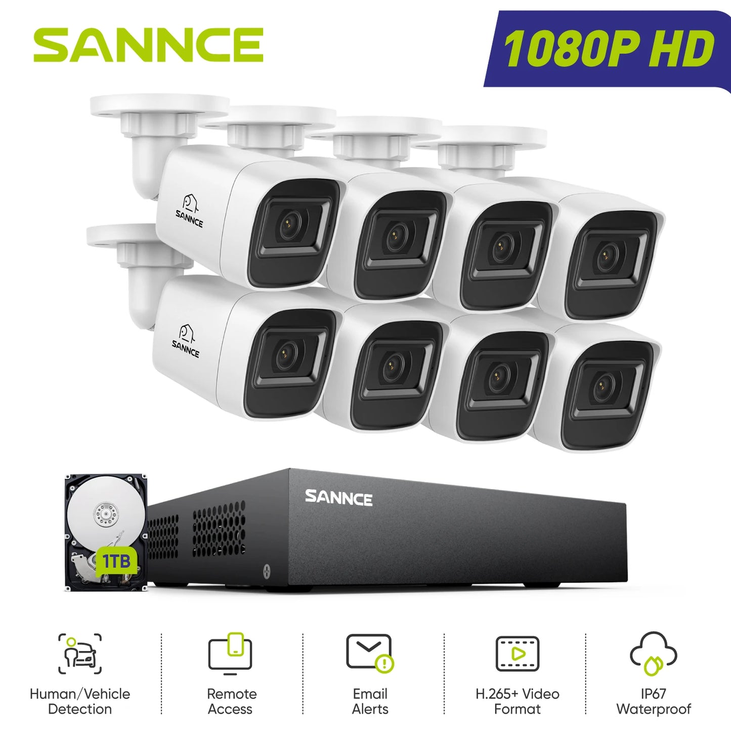 SANNCE 8Channel 1080P Security Camera System IP66 Night Vision