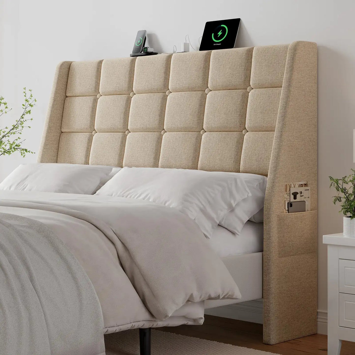 ONBRILL Upholstered Wingback Headboard With Tufted Buttons And Storage