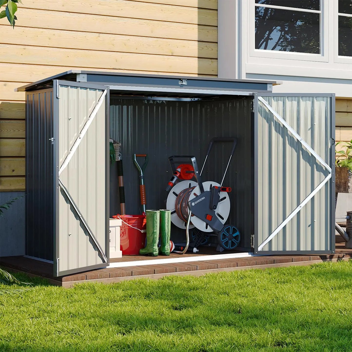 Metal Outdoor Storage Shed With Chain Lid Waterproof Garbage Organizer
