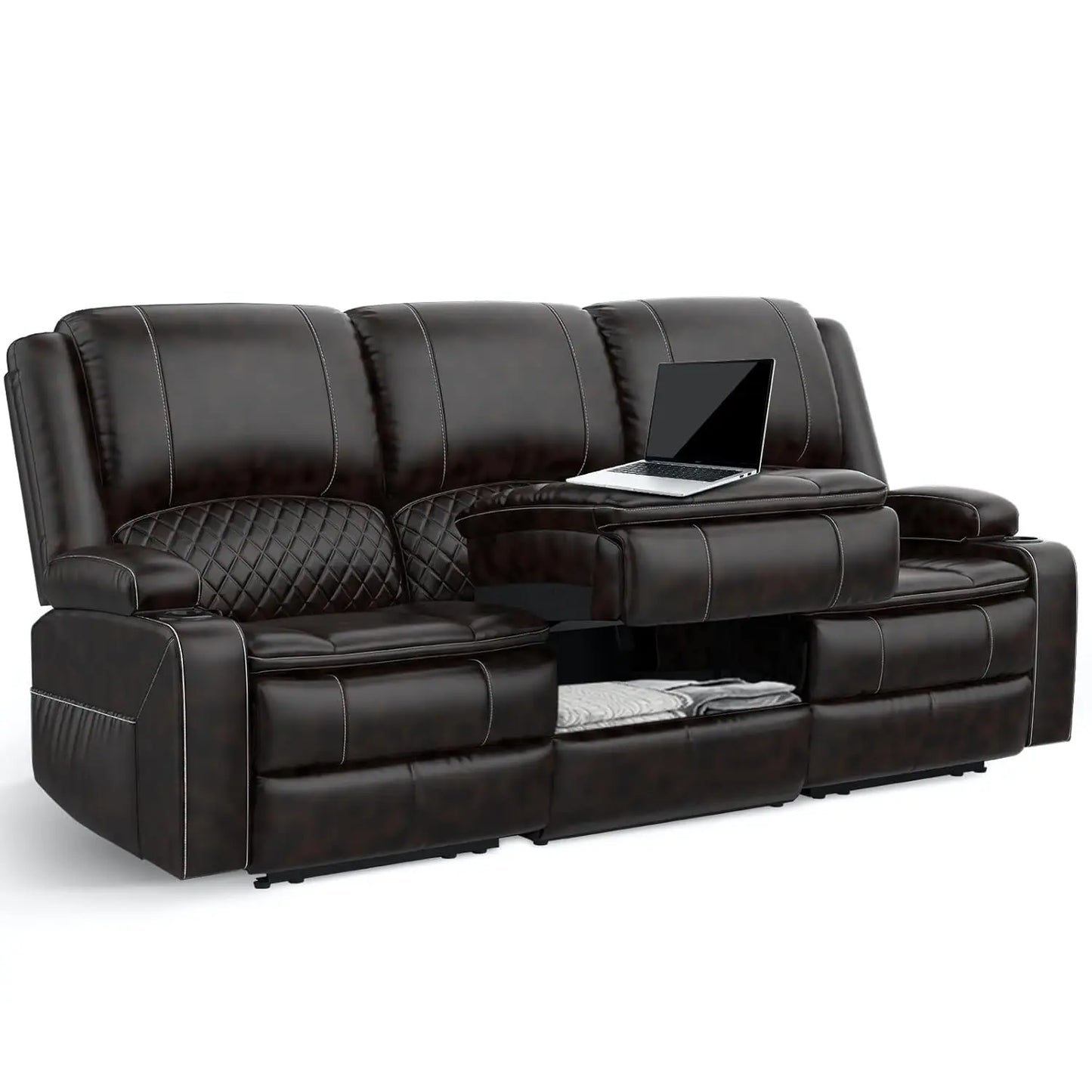 Three Seat PU Leather Recliner Sofa With Console And USB Ports