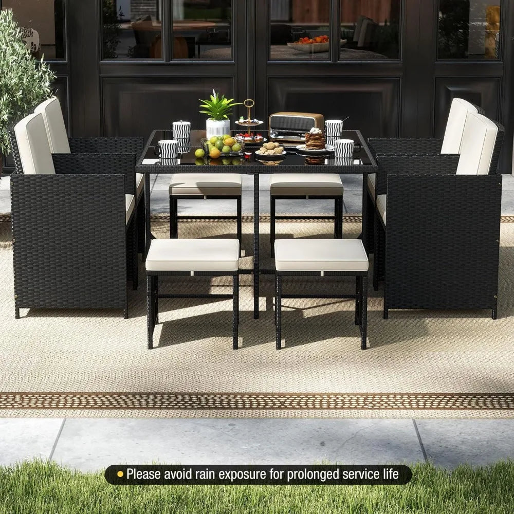 9 Piece Outdoor Patio Dining Set Rattan Chairs With Tempered Glass Table Ottoman