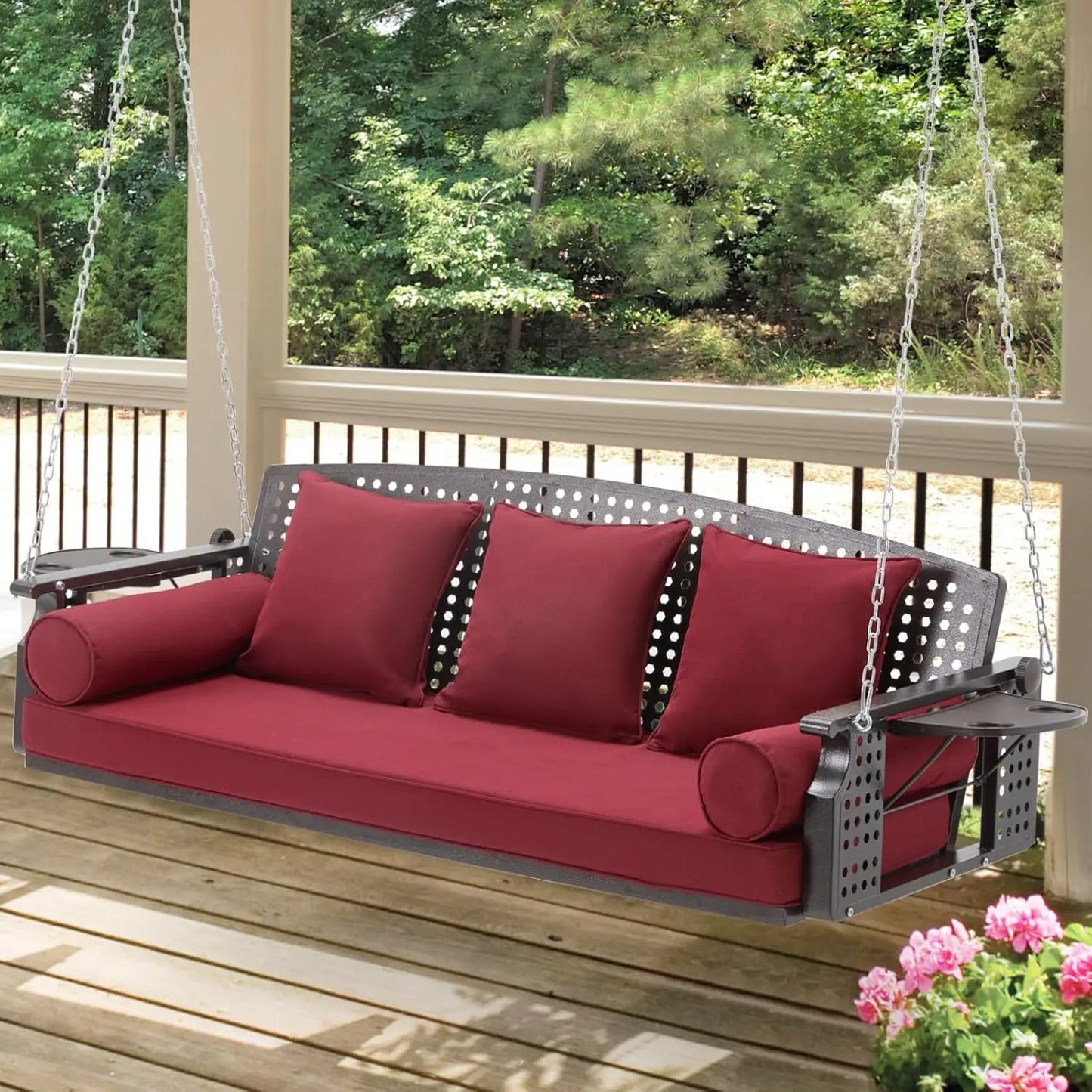 Outdoor Porch Swing Bench With Cup Holders And Back Cushions