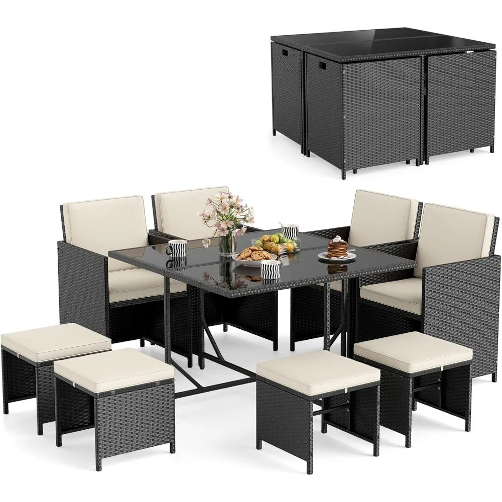 9 Piece Outdoor Patio Dining Set Rattan Chairs With Tempered Glass Table Ottoman