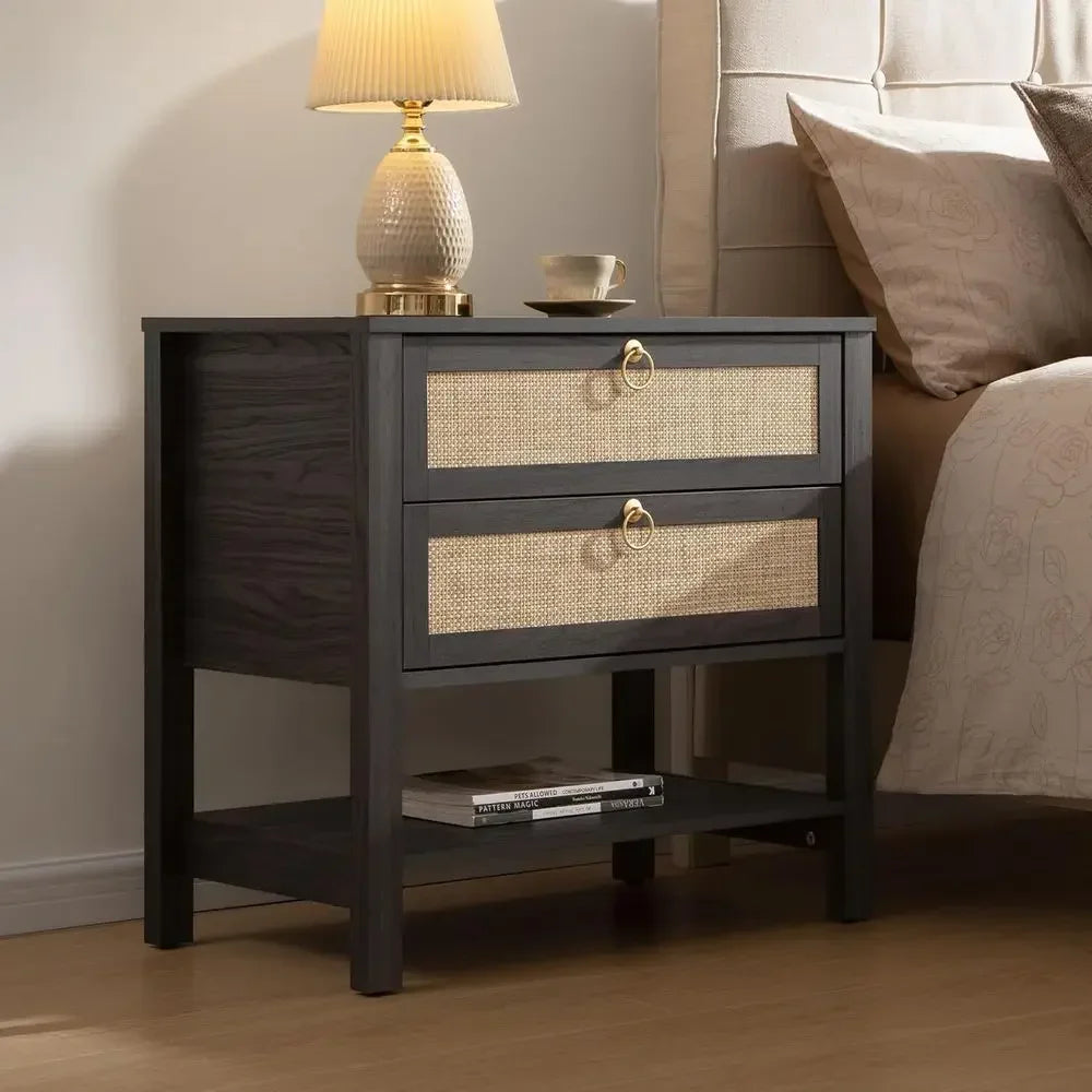 Pair Of Rattan Nightstands With Drawer And Open Shelf