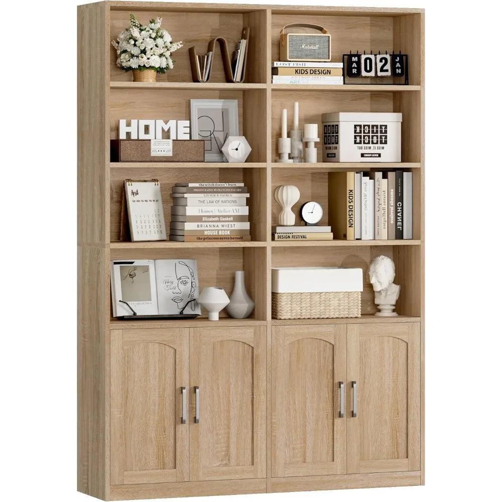 XIUWO Six Tier Double Wide Bookshelf With Doors And Storage Cabinets
