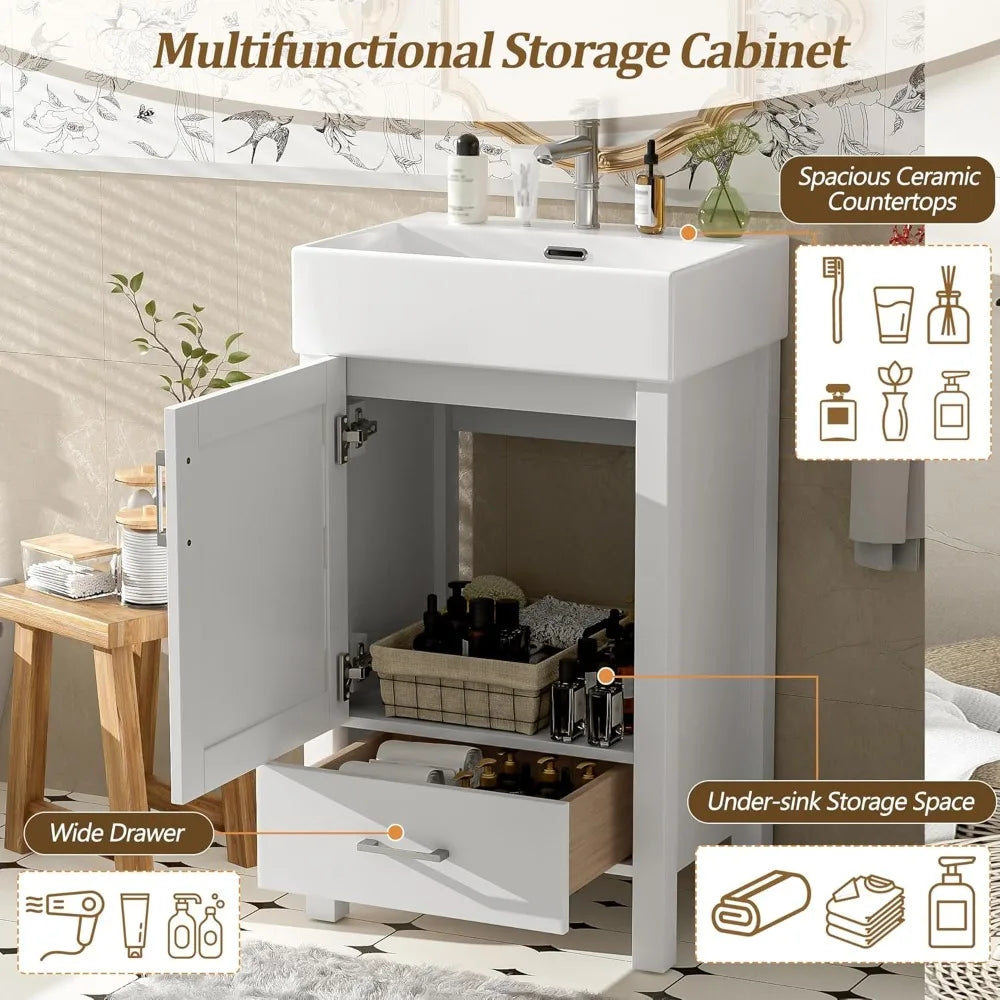 Freestanding Bathroom Vanity With Ceramic Sink Soft Closing Doors Drawers