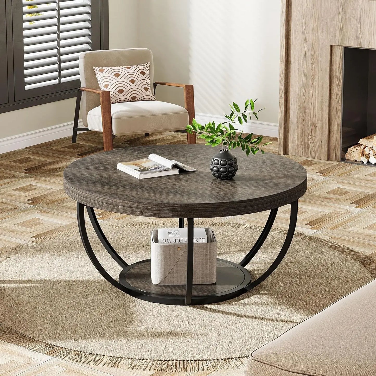 Little Tree Circle Marble Coffee Table With Metal Legs