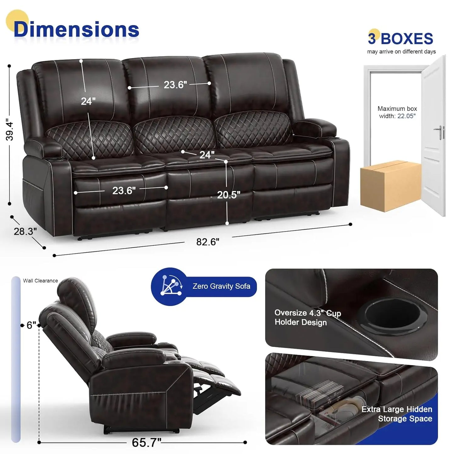 Three Seat PU Leather Recliner Sofa With Console And USB Ports