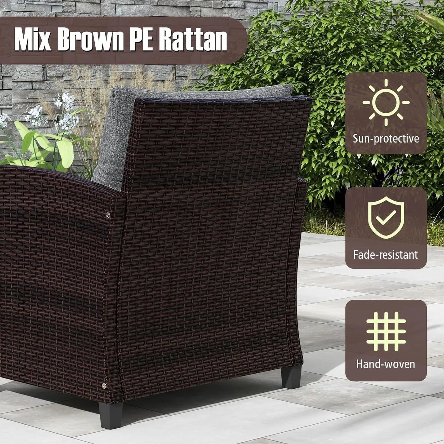 XIUWO 3-Piece Patio PE Rattan Sofa Set With Glass Table