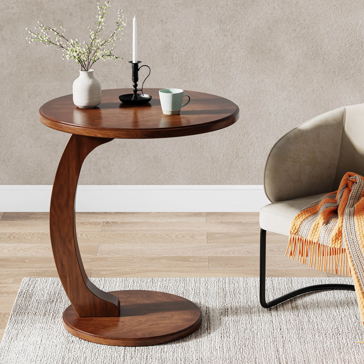 Tribesigns Round End Table C Shaped Wood Side Table