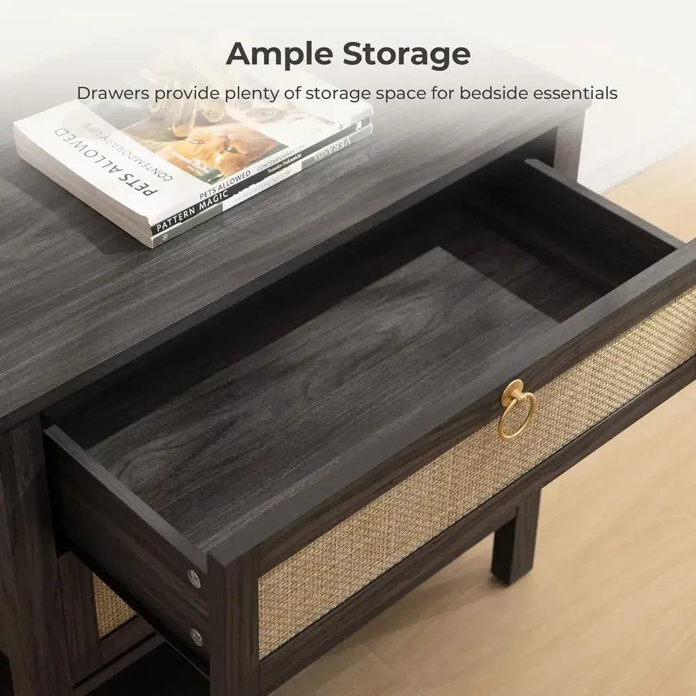Pair Of Rattan Nightstands With Drawer And Open Shelf