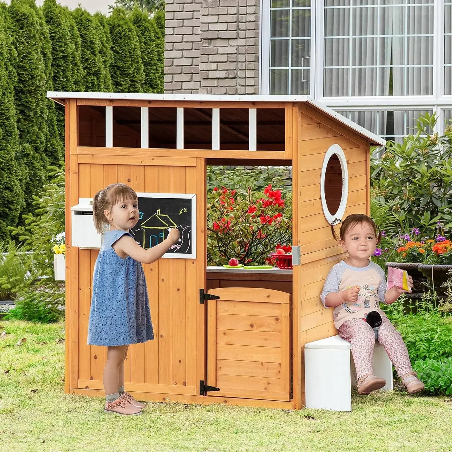 Wooden Outdoor Playhouse For Kids With Working Door And Windows