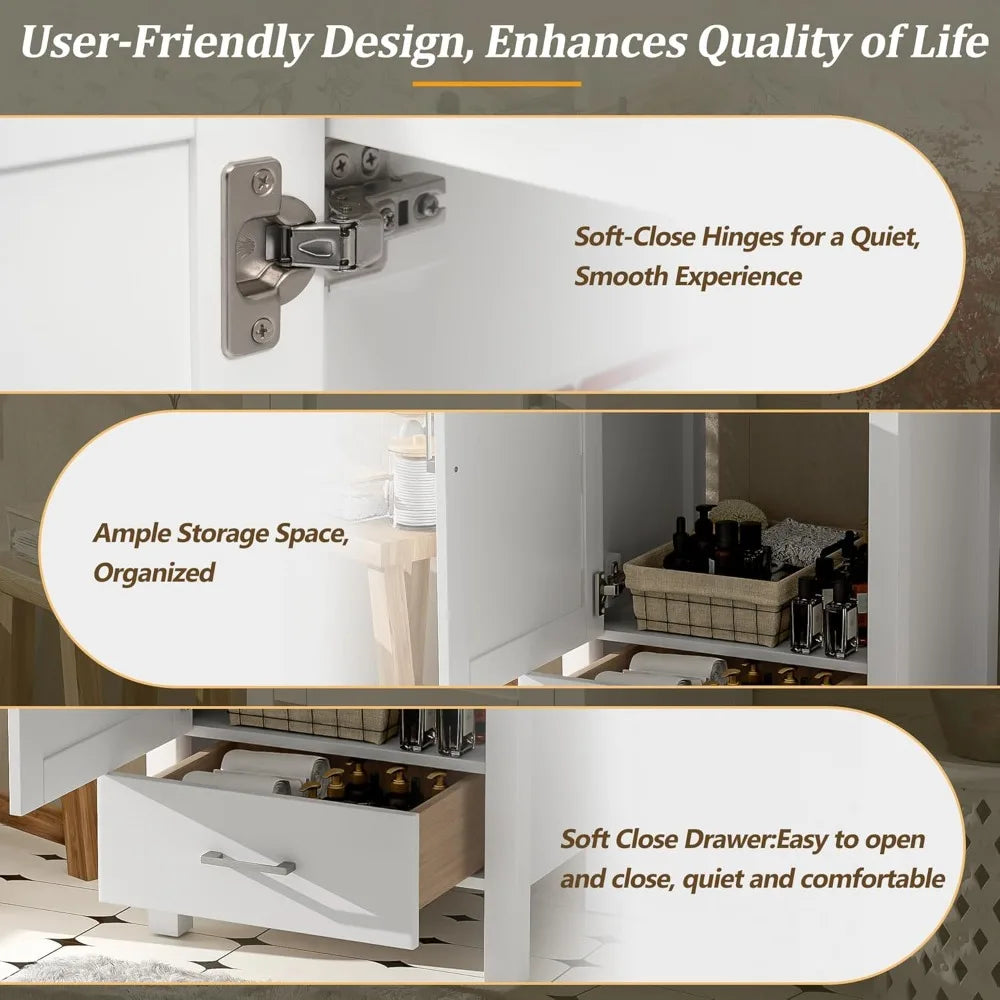 Freestanding Bathroom Vanity With Ceramic Sink Soft Closing Doors Drawers