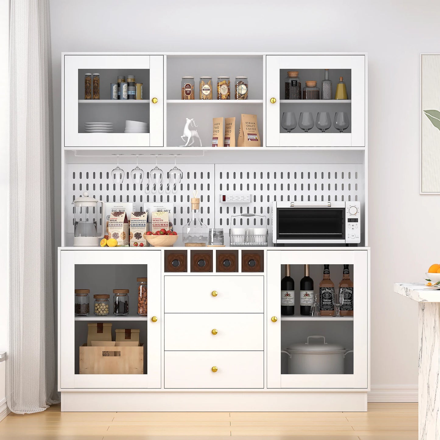 VOWNER Pantry Cabinet With Pegboard Cup Holder And Power Outlet