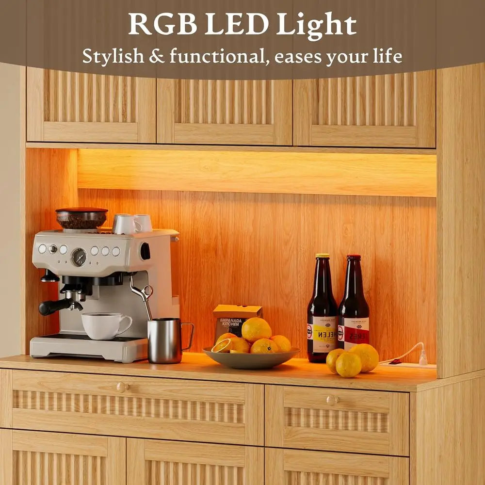 Illuminated Tall Kitchen Pantry Cabinet With Charging And Microwave Storage