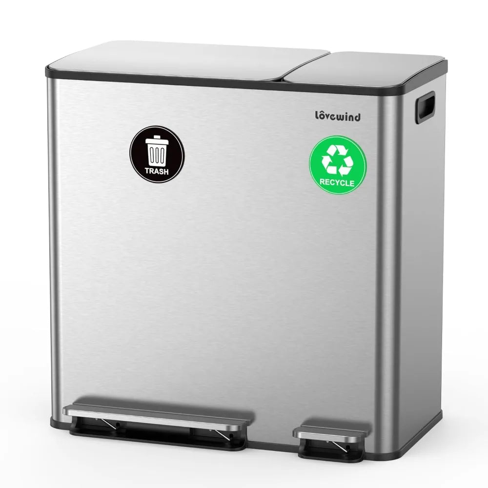 Dual Compartment Trash And Recycling Bin Set Stainless Steel