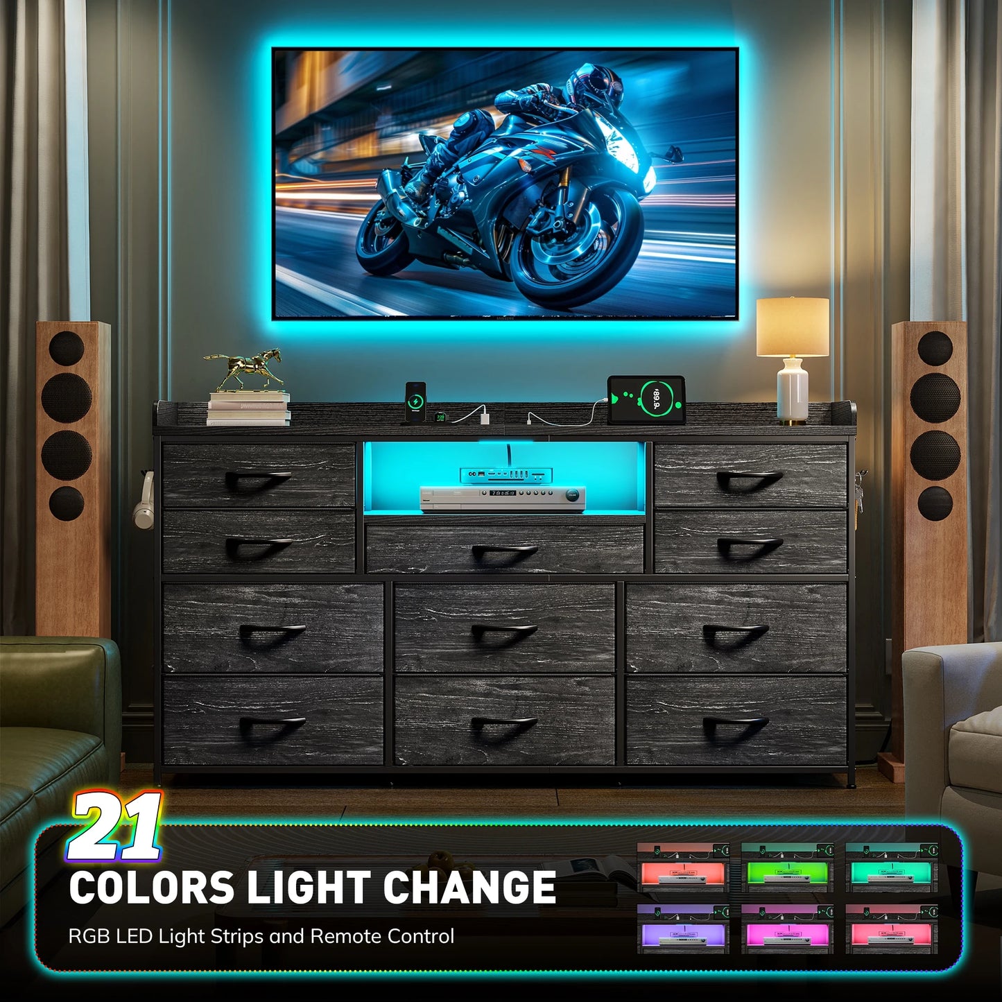 11-Drawer Dresser And TV Stand With LED Lights And Shelves