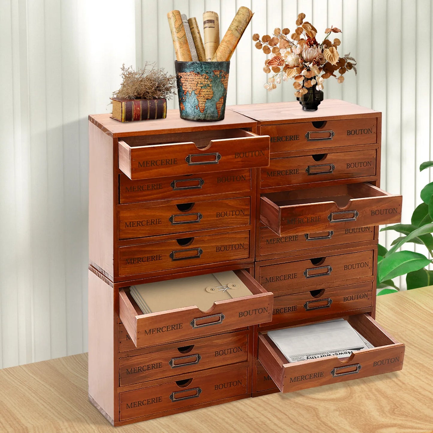 Four-Tier Wooden Desktop Organizer With Sixteen Drawers