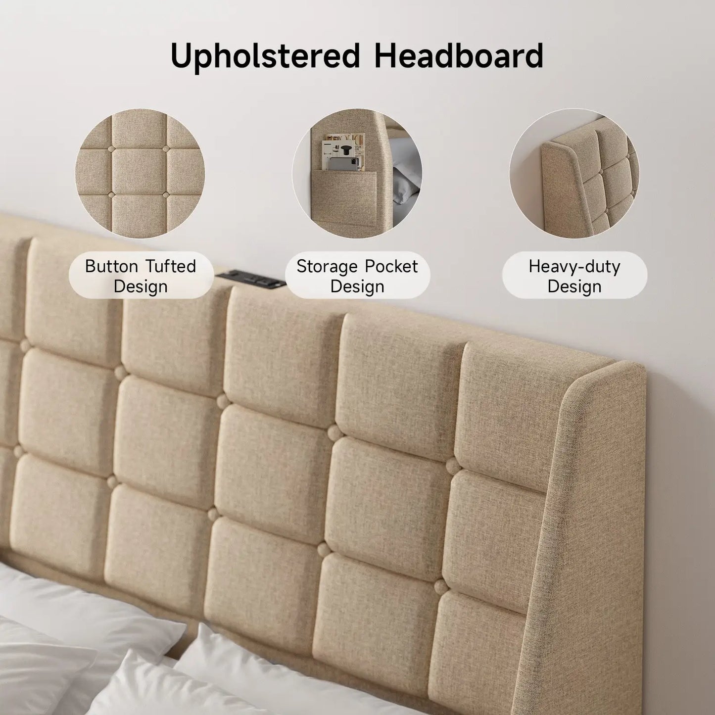 ONBRILL Upholstered Wingback Headboard With Tufted Buttons And Storage