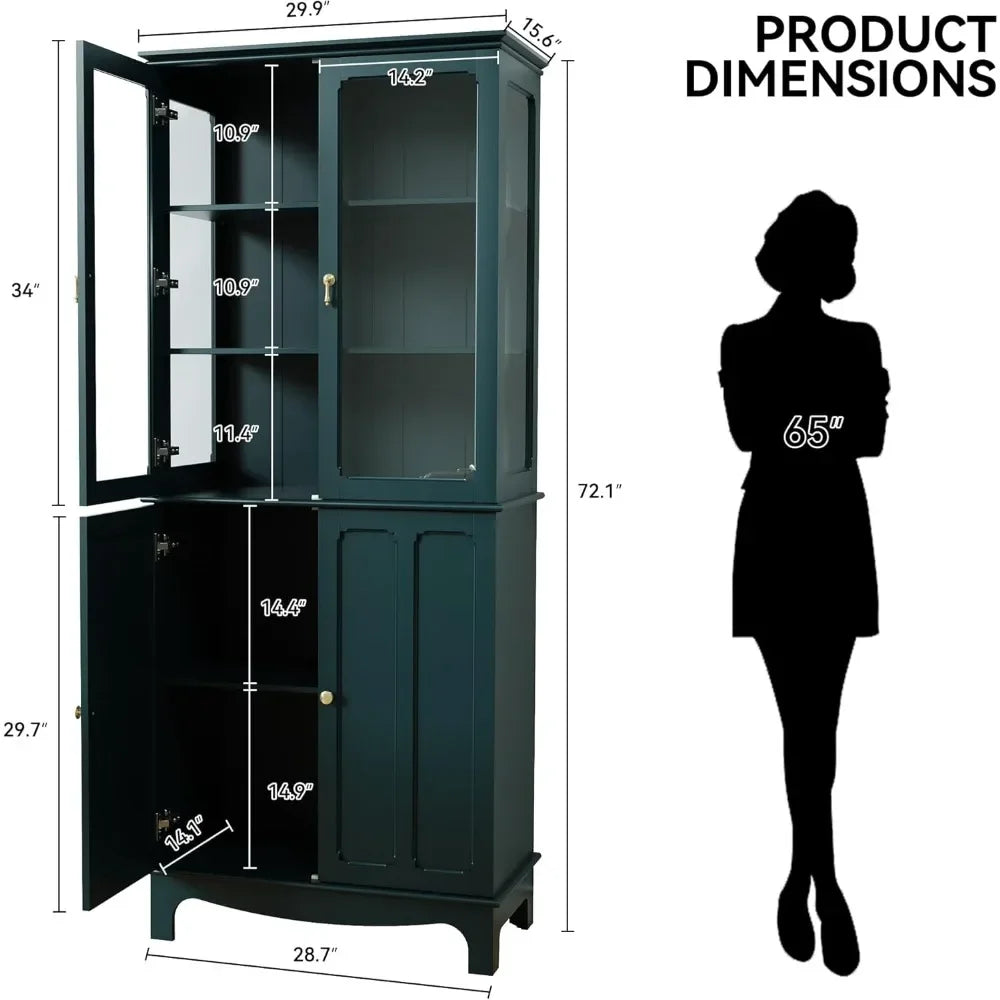 Freestanding Kitchen Pantry Cabinet With Glass Doors And Adjustable Shelves
