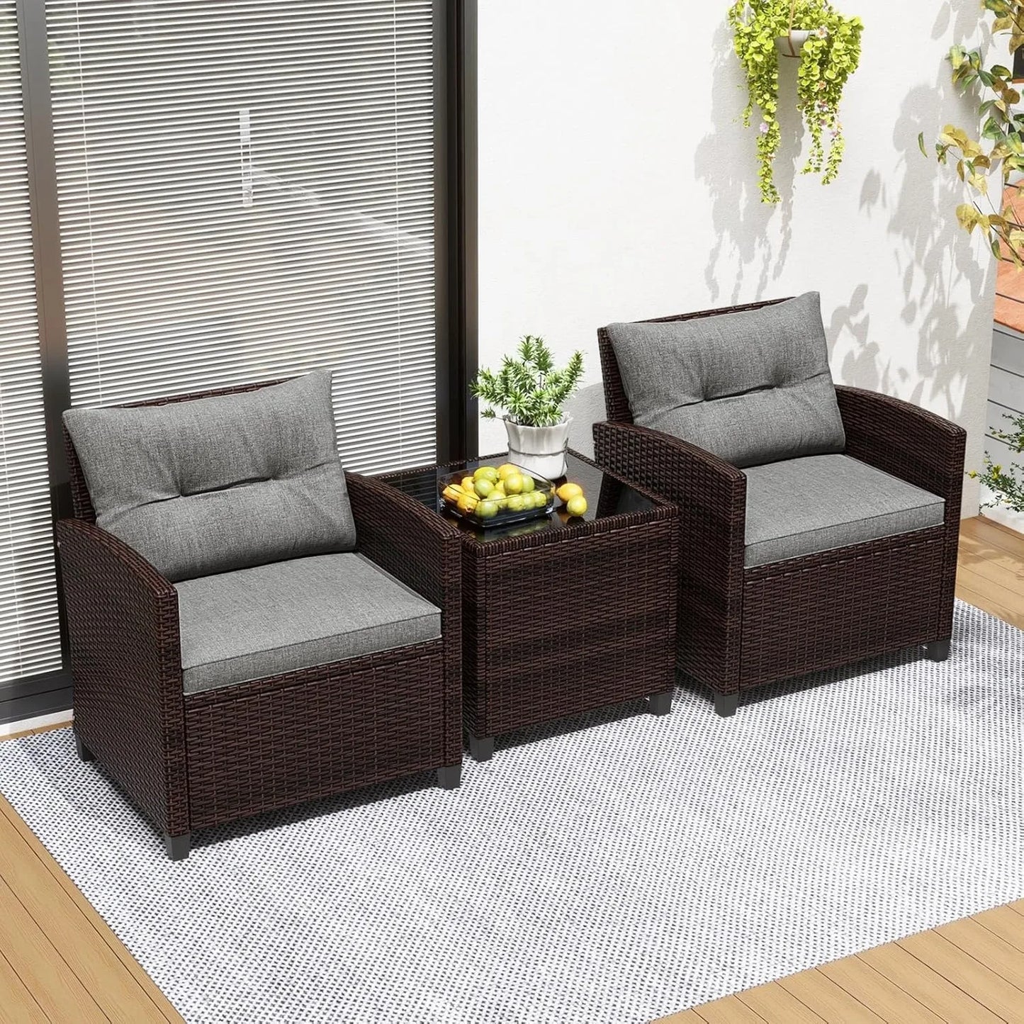 XIUWO 3-Piece Patio PE Rattan Sofa Set With Glass Table