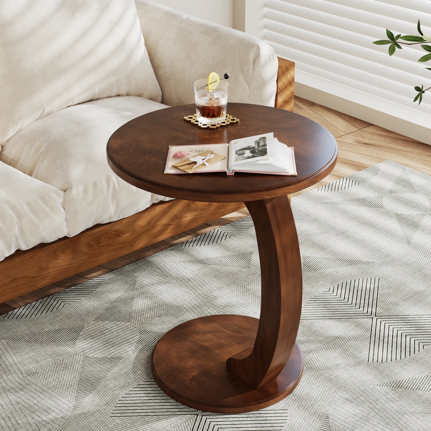 Tribesigns Round End Table C Shaped Wood Side Table