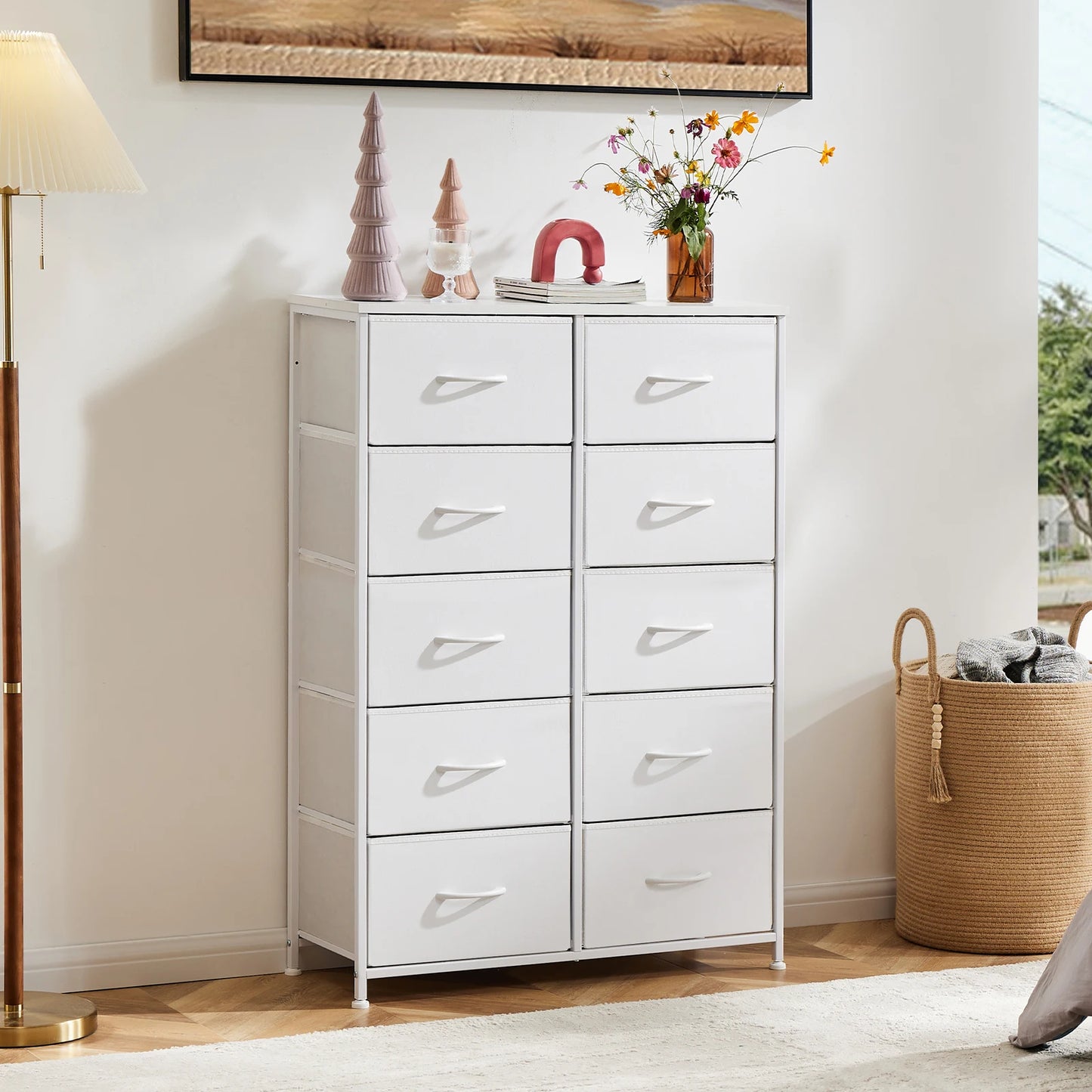 JHK Bedside Table With 10 Fabric Drawers And Metal Frame