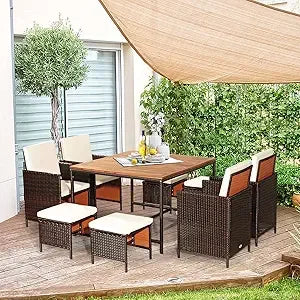9 Piece Outdoor Patio Dining Set Rattan Chairs With Tempered Glass Table Ottoman
