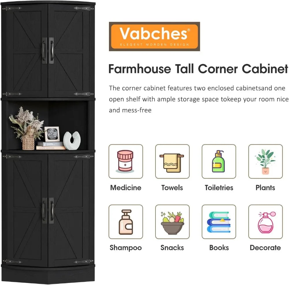 Farmhouse Corner Cabinet With Barn Door Four Doors Five Shelves