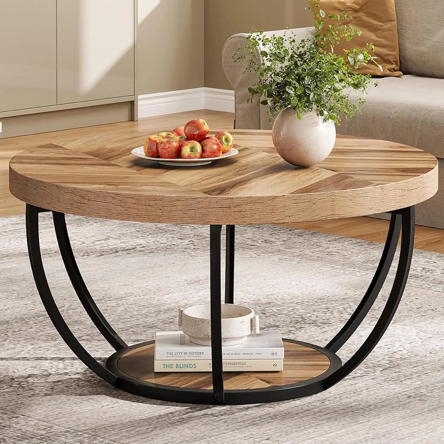 Little Tree Circle Marble Coffee Table With Metal Legs