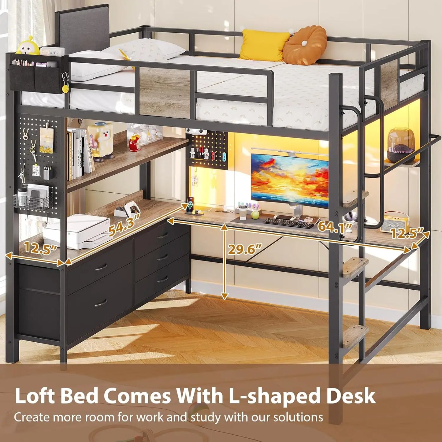 Dnxao Full Loft Bed With Desk Storage Drawers LED Lights