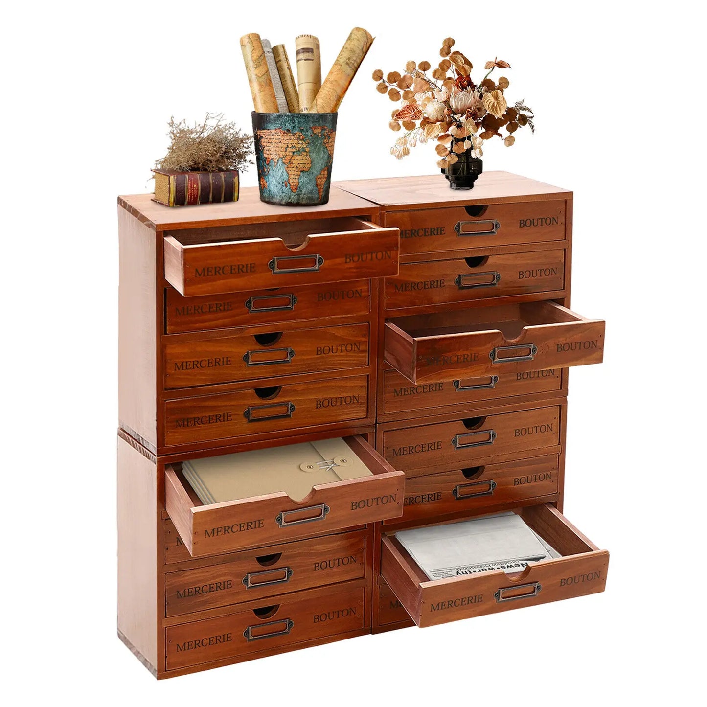 Four-Tier Wooden Desktop Organizer With Sixteen Drawers