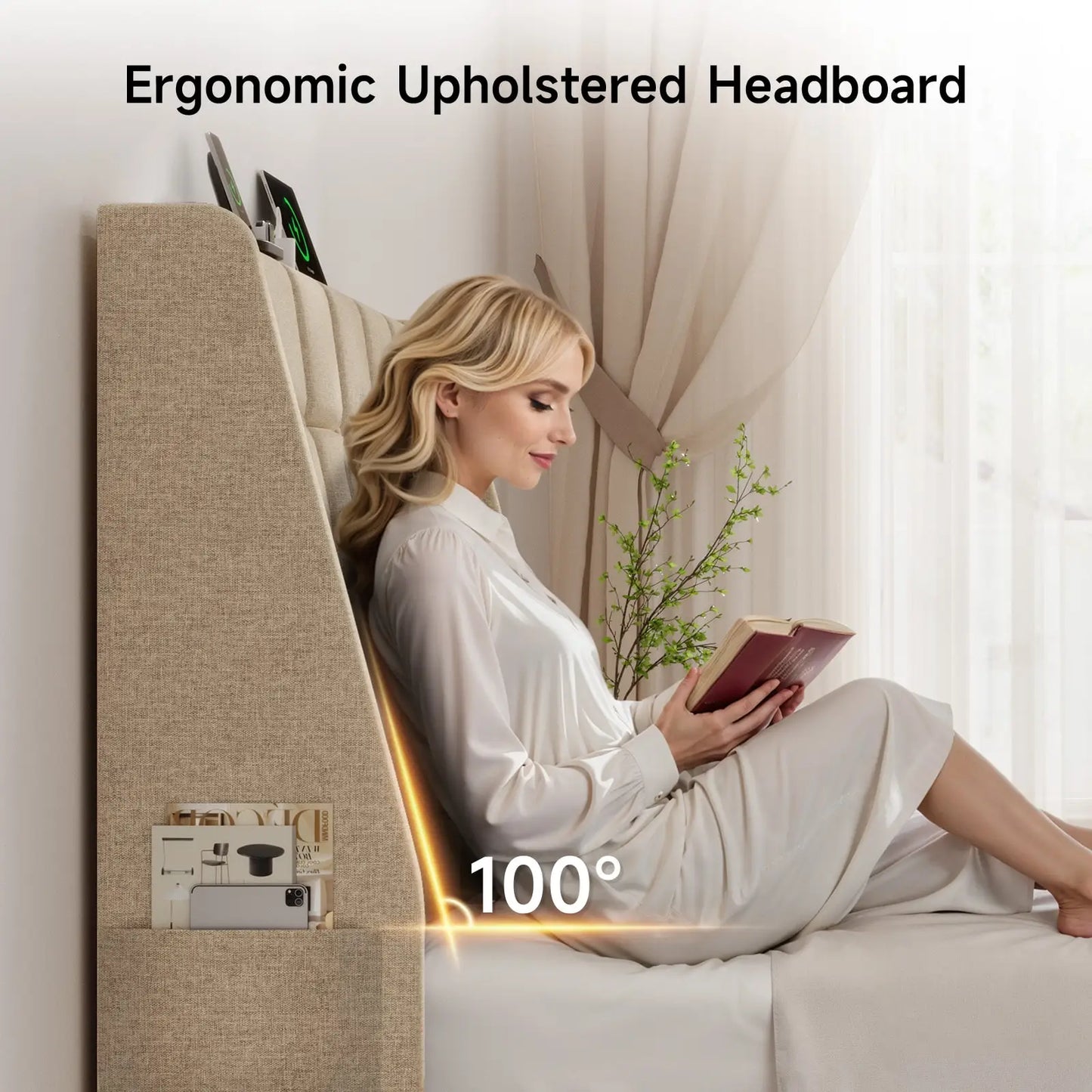 ONBRILL Upholstered Wingback Headboard With Tufted Buttons And Storage