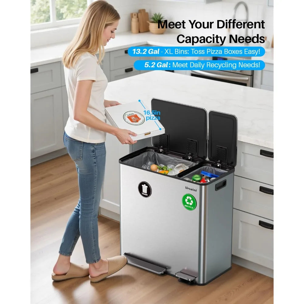 Dual Compartment Trash And Recycling Bin Set Stainless Steel