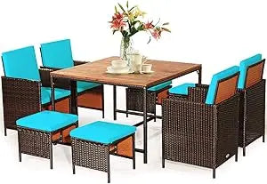 9 Piece Outdoor Patio Dining Set Rattan Chairs With Tempered Glass Table Ottoman