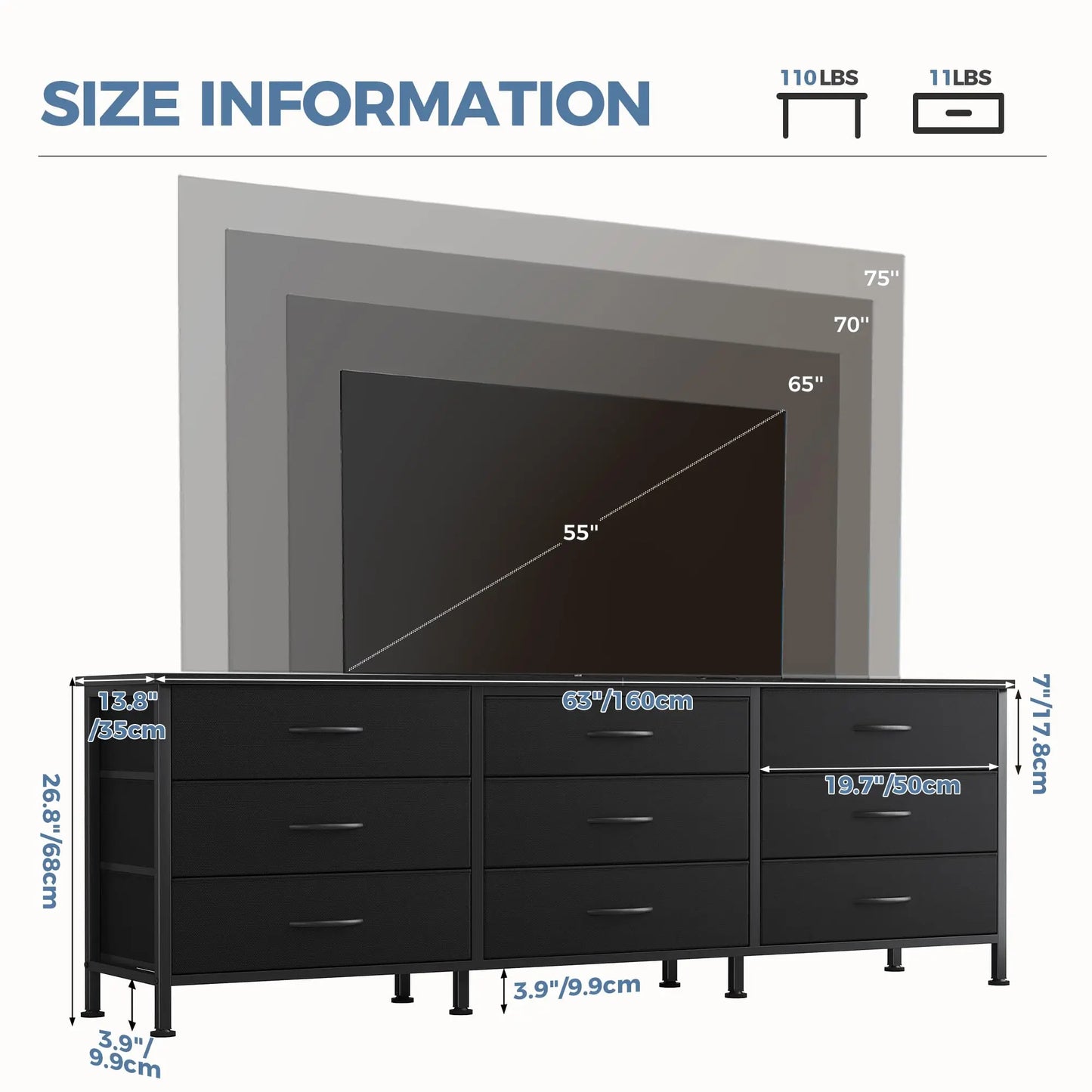 JHK Modern Living Room Cabinet With Fabric Drawers Entertainment Center