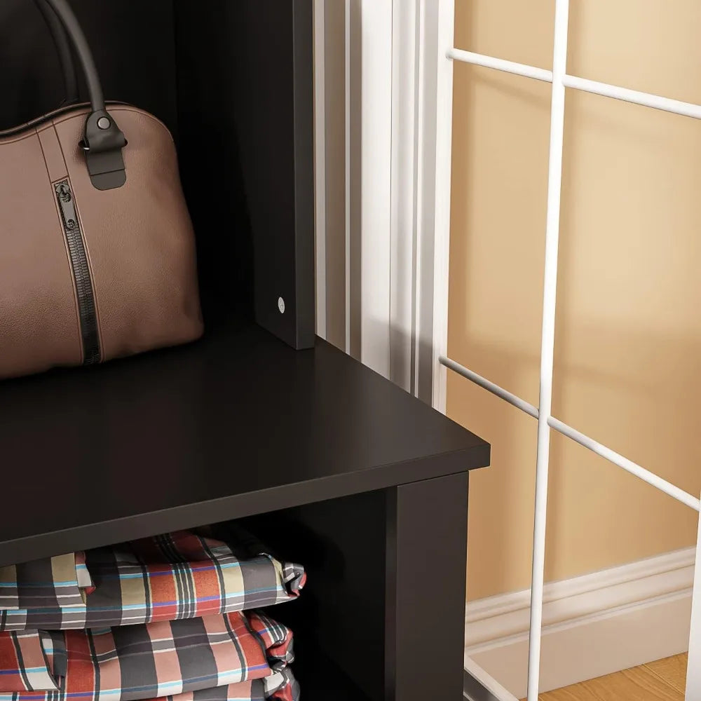 Modern Entryway Storage Bench With Coat Rack Metal Hooks Shelves