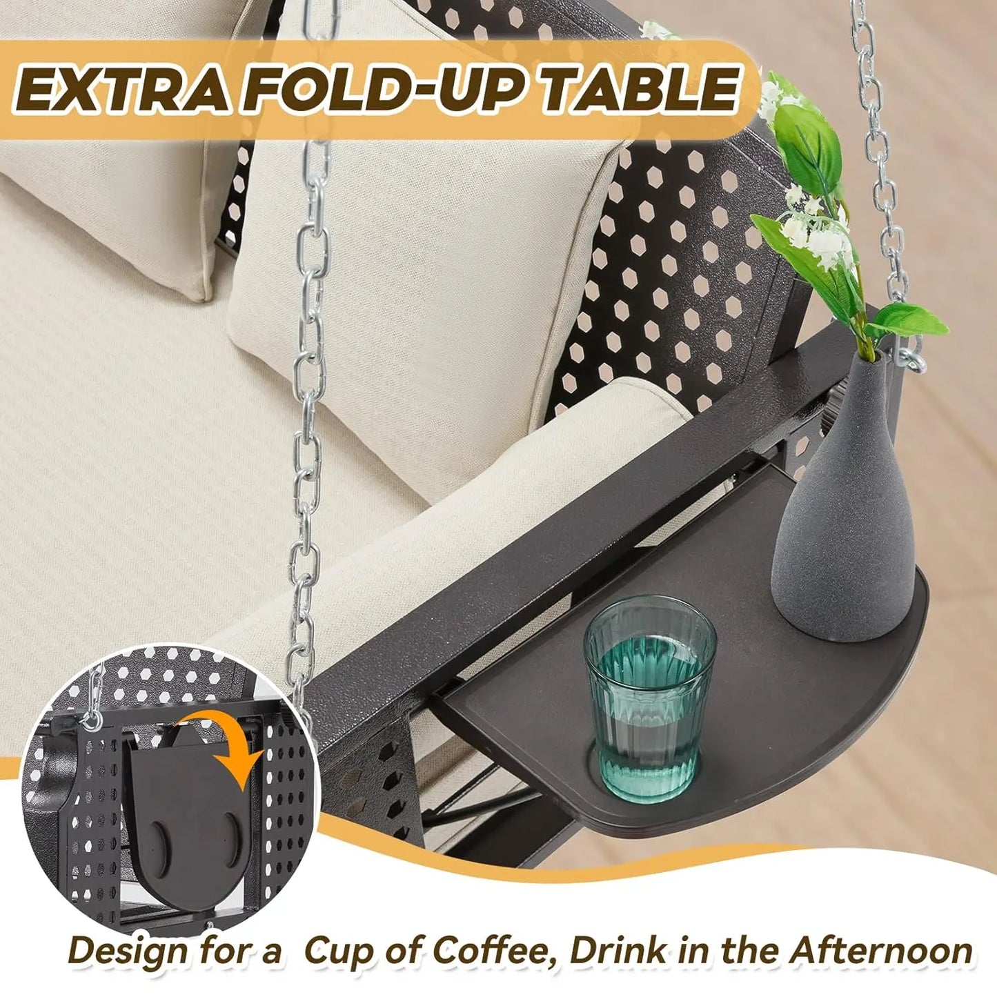 Outdoor Porch Swing Bench With Cup Holders And Back Cushions
