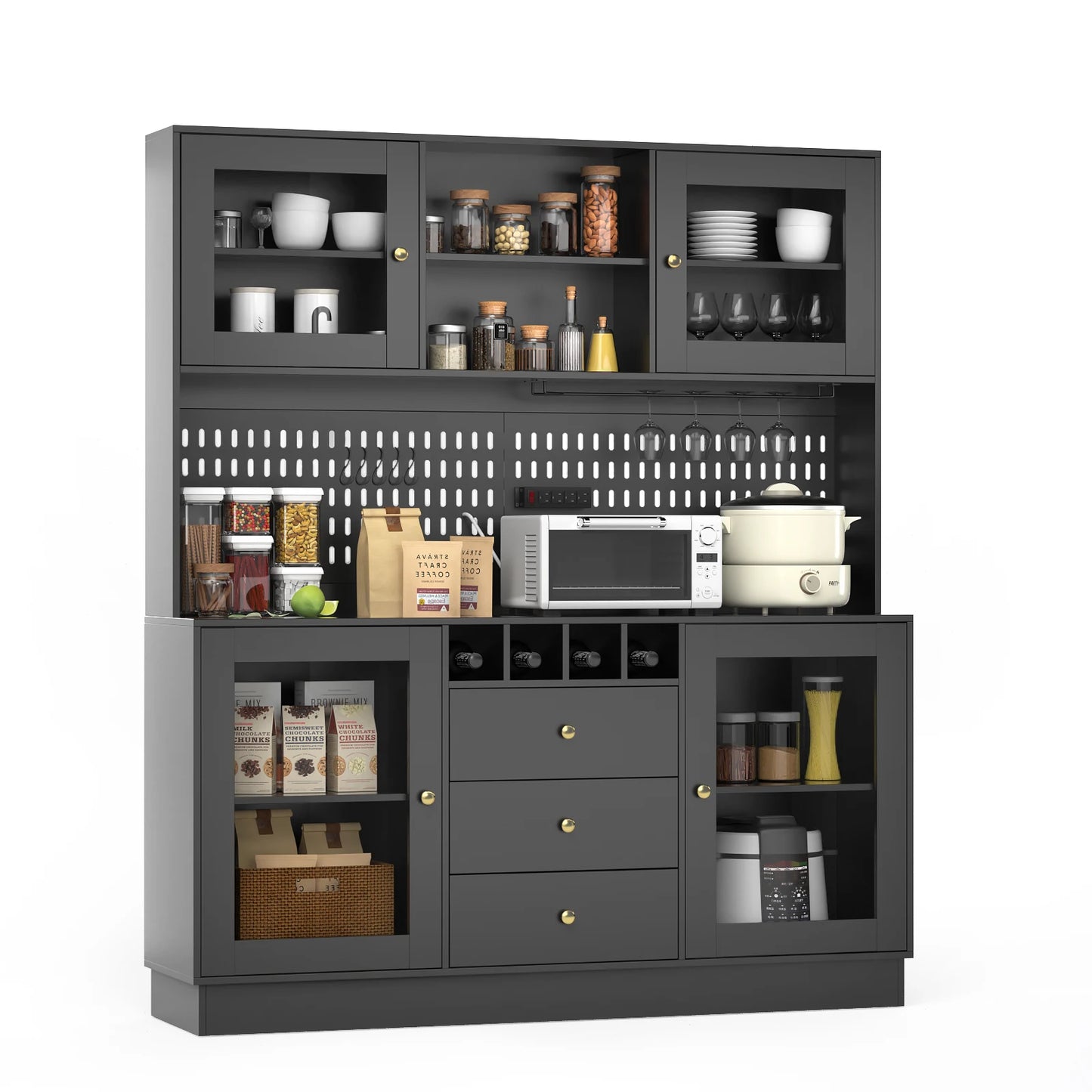 VOWNER Pantry Cabinet With Pegboard Cup Holder And Power Outlet